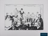 un dessin à l'encre représentant un groupe de personnes assises autour d'une table