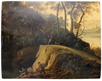 un vieux tableau représentant un homme et une femme en train de pêcher au bord d'une rivière
