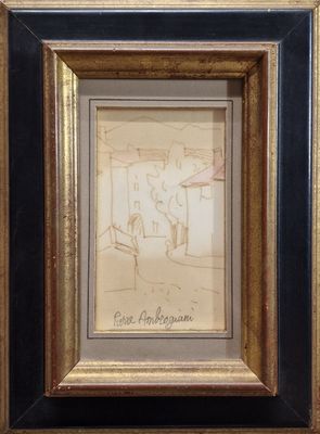 framed drawing of a horse drawn carriage in a gold frame