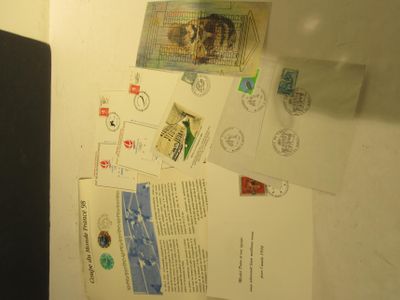 a refrigerator with a bunch of stamps on it