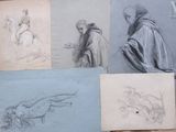 several drawings of a man on a horse and a woman on a horse