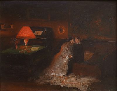 tableau représentant un couple de jeunes mariés dans une pièce sombre, éclairée par une lampe rouge
