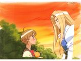 two anime characters are standing next to each other in front of a sunset
