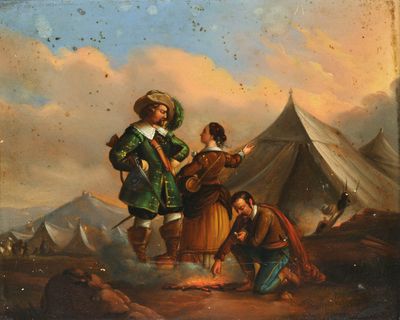 tableau représentant deux hommes et une femme debout devant une tente, avec d'autres tentes en arrière-plan