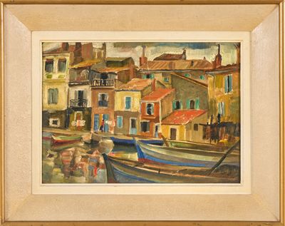 une peinture à l'huile représentant des bateaux dans un port avec des bâtiments à l'arrière-plan