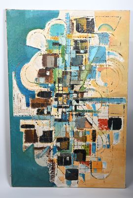 an abstract painting of a city with lots of buildings on it