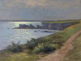tableau représentant un chemin menant à une plage, avec un plan d'eau au loin