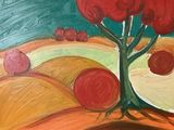 un tableau représentant un arbre sur lequel sont accrochées des pommes rouges