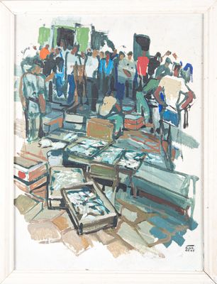 a painting of a group of people standing in a room