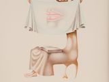drawing of a woman sitting on a toilet with a towel over her head