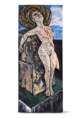 abstract painting of a woman with a hat on top of a building