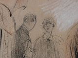 a drawing of a man and a woman standing under an umbrella