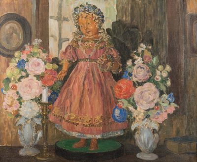 a painting of a little girl in a pink dress standing in front of a vase of flowers