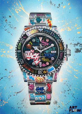 une image représentant un tableau sur lequel figure une montre recouverte de nombreux autocollants