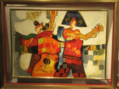 a painting of a man playing a guitar and a woman playing a violin