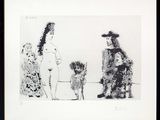 dessin représentant une femme et un enfant, avec un chien devant eux