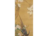 an oriental painting of a bird sitting on a branch of a tree