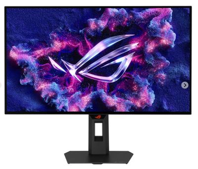 a computer monitor with a purple and black design on the screen
