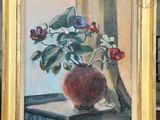 a painting of flowers in a vase on a table