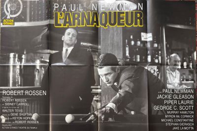 une vieille affiche de cinéma représentant un homme jouant au billard dans un bar
