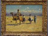 an image of a painting of a man riding a camel in the desert