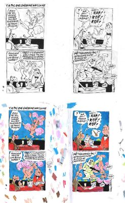 Plusieurs pages de bande dessinée sont étalées sur une surface blanche