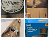 quatre images différentes représentant une guitare et d'autres instruments de musique dans des boîtes
