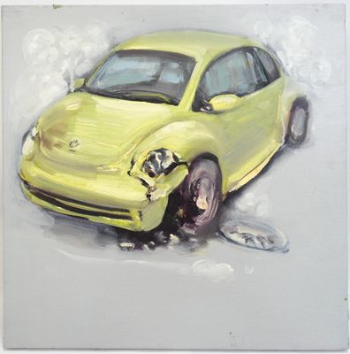 painting of a yellow car with a broken front wheel on a white background