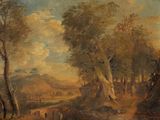 tableau représentant un paysage boisé avec du bétail paissant au premier plan et un village au loin