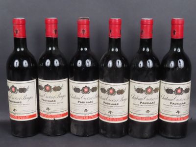 six bottles of red wine lined up in a row