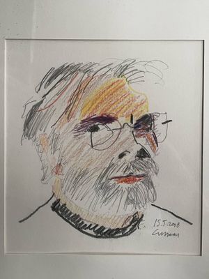 dessin représentant un homme à lunettes et barbu, dans un cadre blanc