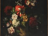 une peinture représentant des fleurs dans un vase doré sur fond noir