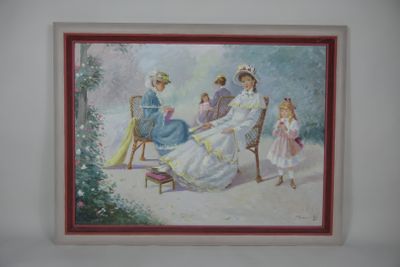 a picture of a painting of a family sitting on a bench