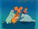animation représentant un groupe de personnages de dessins animés debout au sommet d'une colline enneigée