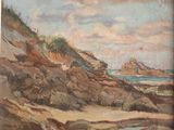 painting of a beach scene with rocks and a body of water