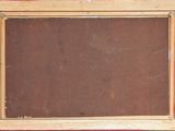 an old picture frame with a brown background and a red border