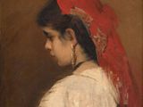 painting of a woman with a red hat and a red scarf