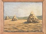 an oil painting of hay stacks in a field with a sky background