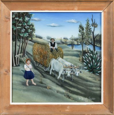 an oil painting of a woman and two oxen pulling a wagon