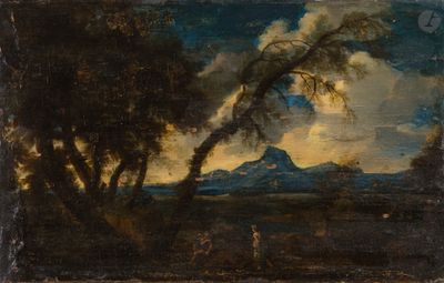 une image représentant un tableau représentant un paysage avec des arbres et une montagne au loin