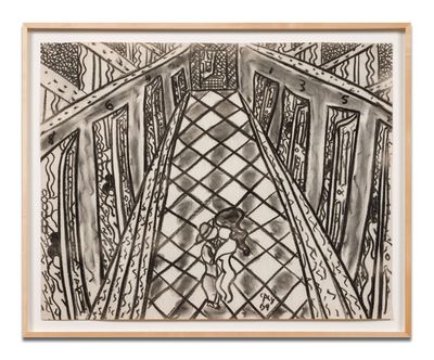 a black and white drawing of a person standing in a room