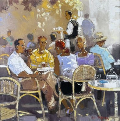 painting of a group of people sitting at a table in a restaurant