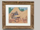 framed picture of a painting of a man and a dog in front of a hut