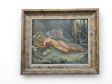 une peinture à l'huile représentant une femme nue allongée sur un lit