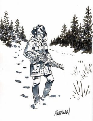 dessin représentant un soldat armé d'un fusil dans un champ enneigé