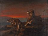 une image représentant un tableau où l'on voit un lion et une lionne assis sur un rocher