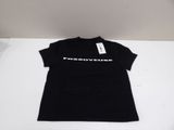 a black t - shirt with a white logo on it