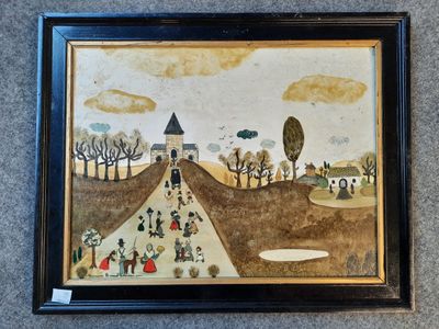 une image représentant un tableau où l'on voit des personnes marchant sur un sentier