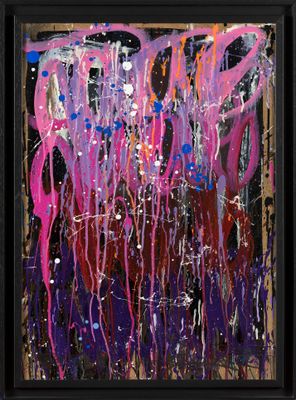 a painting of pink, purple, and blue paint on a black background