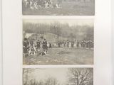 several black and white photos of people and animals in a field